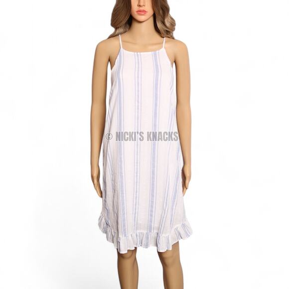 O'Neill White Blue Striped Cotton Mini Dress Ruffle Hem Swing Sundress Size L - Picture 2 of 12